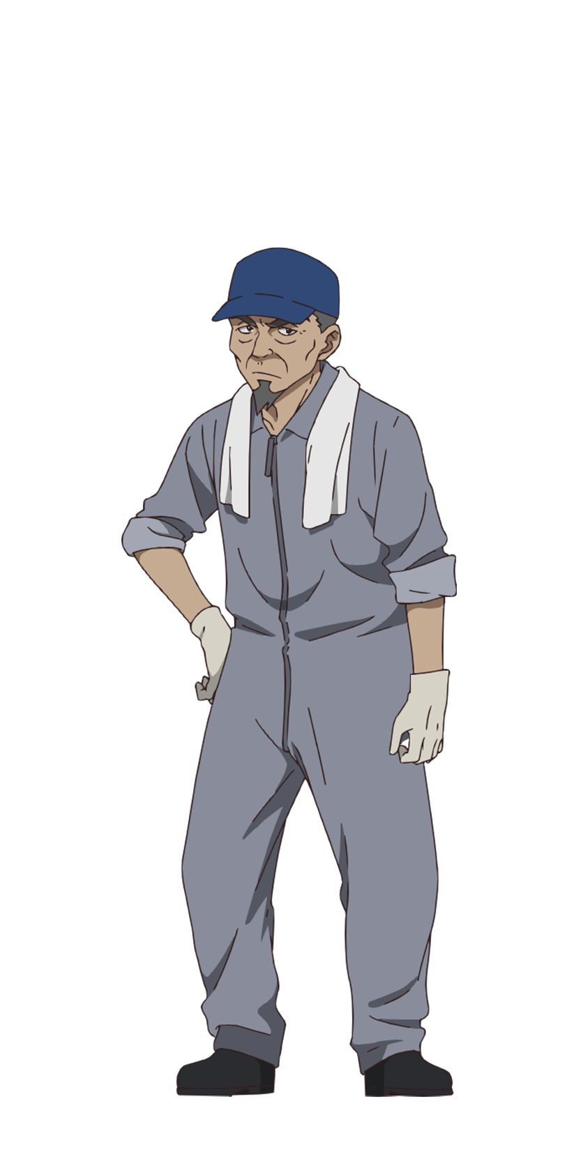 1boy, black_footwear, blue_headwear, cap, facial_hair, gloves, goatee, highres, jumpsuit, looking_at_viewer, maintenance_team_leader_(sigururi), official_art, senyoku_no_sigrdrifa, towel, towel_around_neck, transparent_background, white_gloves