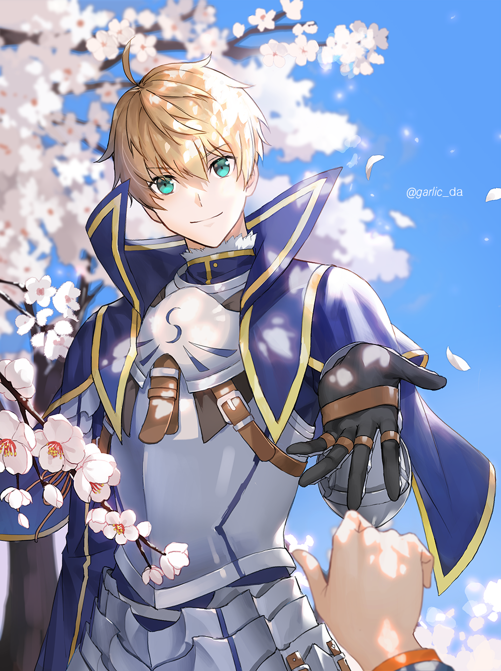 1boy, armor, armored_dress, arthur_pendragon_(fate), blonde_hair, blue_cape, blue_dress, breastplate