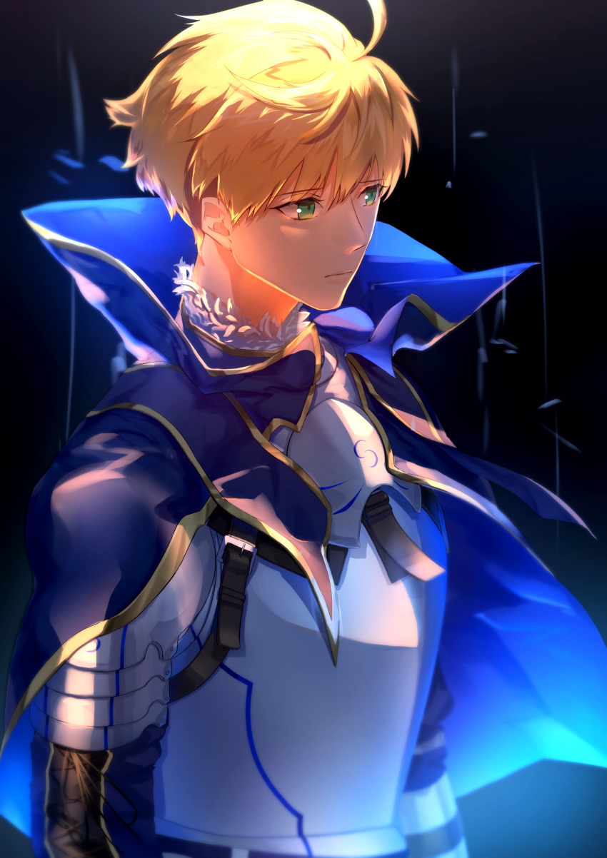 1boy, absurdres, armor, armored_dress, arthur_pendragon_(fate), blonde_hair, blue_cape, blue_dress