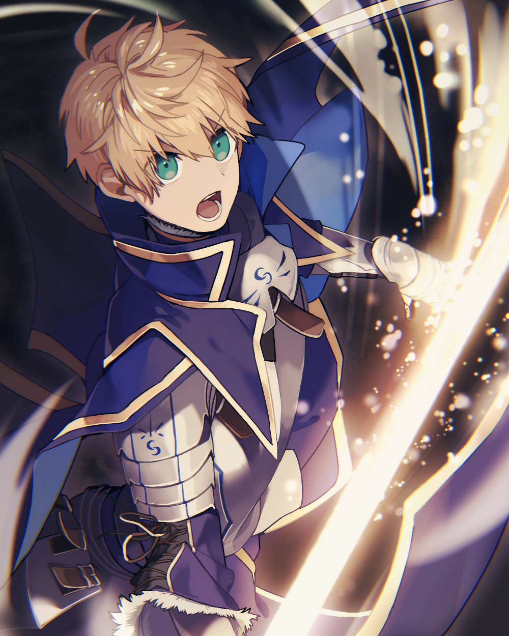 1boy, armor, armored_dress, arthur_pendragon_(fate), black_background, blonde_hair, blue_cape, blue_dress, breastplate, cape, dress, excalibur, excalibur_(fate/prototype), eyebrows, eyebrows_visible_through_hair, fate/grand_order, fate/prototype, fate_(series), faulds, gauntlets, glowing, glowing_sword, glowing_weapon, greaves, green_eyes, hair_between_eyes, highres, holding, holding_sword, holding_weapon, male_focus, open_mouth, pauldrons, sayu_(kamicimo), short_hair, shoulder_armor, simple_background, solo, sword, weapon