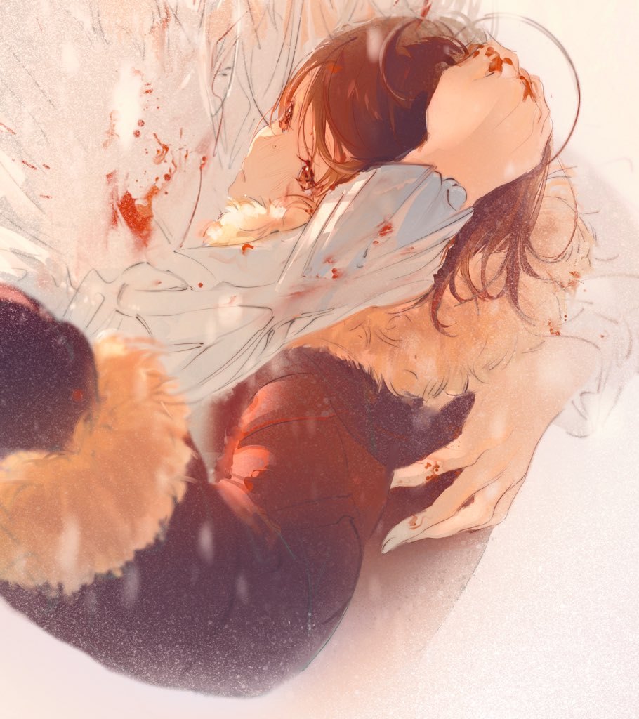 1boy, 1girl, accelerator, bangs, blood, bloody_clothes, bloody_hands, brown_hair, coat, fur-trimmed_coat, fur-trimmed_hood, fur-trimmed_sleeves, fur_trim, hand_on_another's_head, head_out_of_frame, hood, hooded_coat, hug, last_order, long_sleeves, looking_at_another, mittens, outstretched_arm, red_eyes, sheya_(dingkuang1), shirt, solo_focus, to_aru_majutsu_no_index, upper_body, white_hair, white_shirt