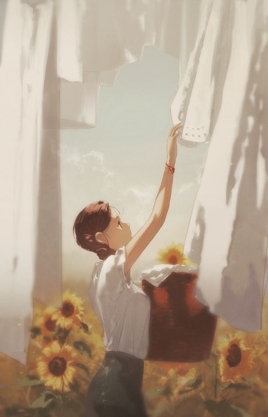1girl, arm_up, bangs, breasts, brown_hair, cloth, copyright_request, cowboy_shot, day, drying, drying_clothes, field, flower, flower_field, from_side, highres, holding, laundry, laundry_basket, looking_away, looking_up, medium_breasts, outdoors, profile, reaching, ribbon, sheya_(dingkuang1), shirt, short_sleeves, side_ponytail, sky, solo, sunflower, white_shirt, wrist_ribbon