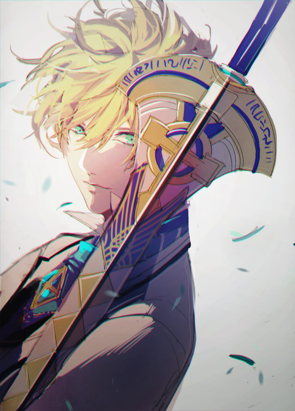 1boy, amu_(nsk0), arthur_pendragon_(fate), blonde_hair, collared_shirt, excalibur, excalibur_(fate/prototype), fate/grand_order