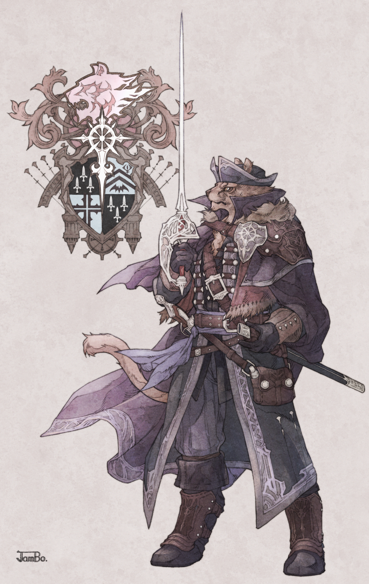 1boy, antique_firearm, boots, coat, commentary, ds_hand55, ears_through_headwear, emblem