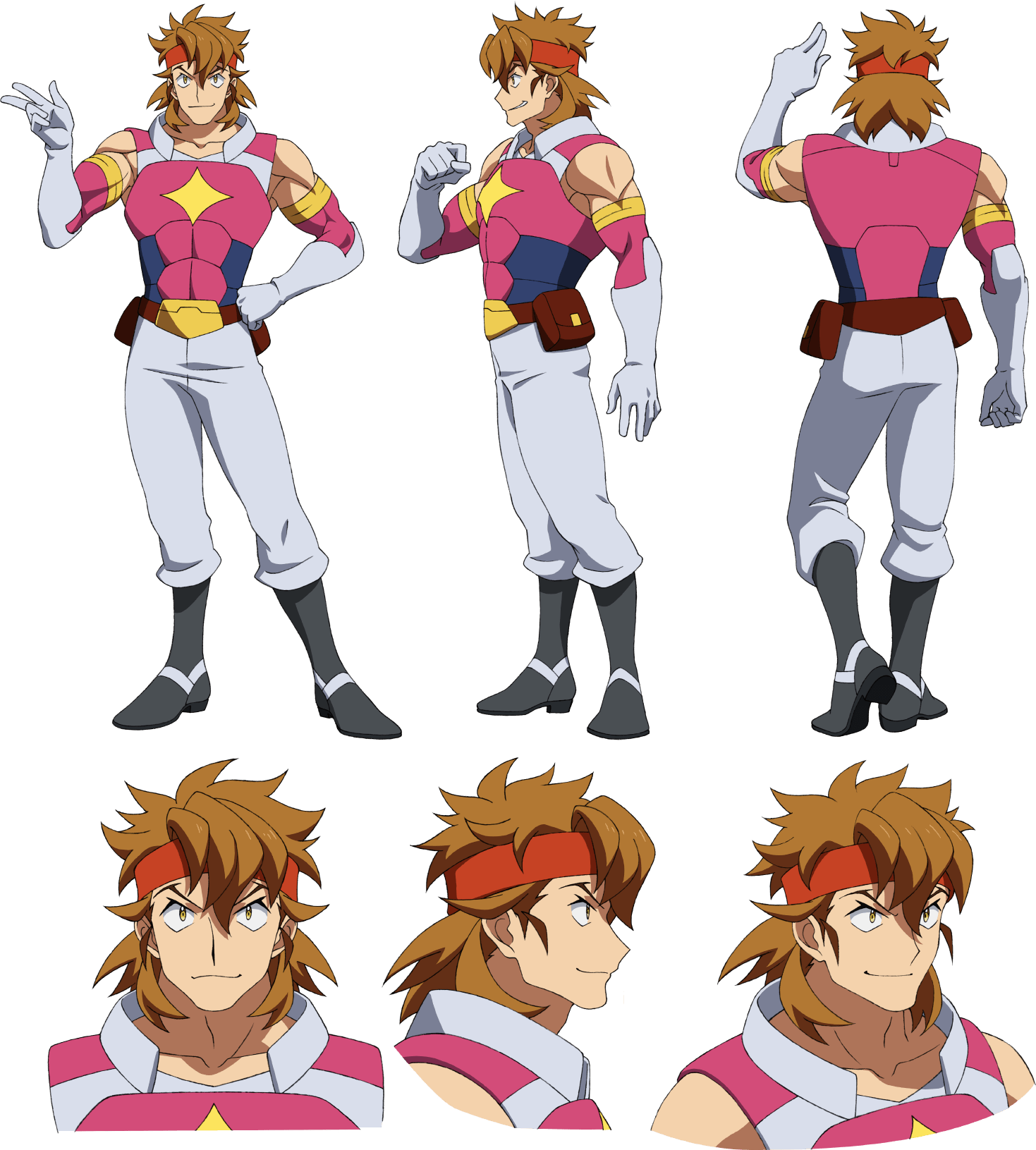 1boy, abs, brown_hair, character_sheet, clenched_hand, gundam, gundam_build_divers, gundam_build_divers_re:rise
