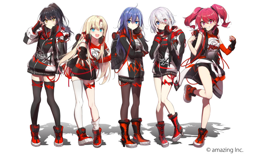 5girls, ahoge, arm_at_side, arm_under_breasts, asymmetrical_legwear, backpack, bag, bangs, bare_shoulders, black_bag, black_gloves, black_hair, black_jacket, black_legwear, blonde_hair, blue_eyes, boots, breasts, brown_eyes, character_request, clenched_hands, closed_mouth, clothes_around_waist, collarbone, commentary_request, cross-laced_footwear, eyebrows_visible_through_hair, eyes_visible_through_hair, fingerless_gloves, foot_up, full_body, gloves, hair_between_eyes, hair_ornament, hair_over_one_eye, hair_ribbon, hand_on_hip, hand_on_own_chest, hands_up, headphones, headphones_around_neck, heterochromia, highres, jacket, jacket_around_waist, lace-up_boots, leg_up, long_hair, long_sleeves, looking_at_viewer, medium_breasts, mouse_print, multicolored, multicolored_clothes, multicolored_footwear, multicolored_hoodie, multicolored_jacket, multicolored_shirt, multiple_girls, open_clothes, open_jacket, open_mouth, outstretched_arm, outstretched_hand, pantyhose, pink_eyes, ponytail, rea_official, red_eyes, red_footwear, red_gloves, redhead, ribbon, shoes, short_hair, short_sleeves, shorts, silver_hair, single_glove, single_thighhigh, sleeves_past_wrists, smile, socks, thigh-highs, toes_up, twintails, wattaro, white_legwear, zettai_ryouiki