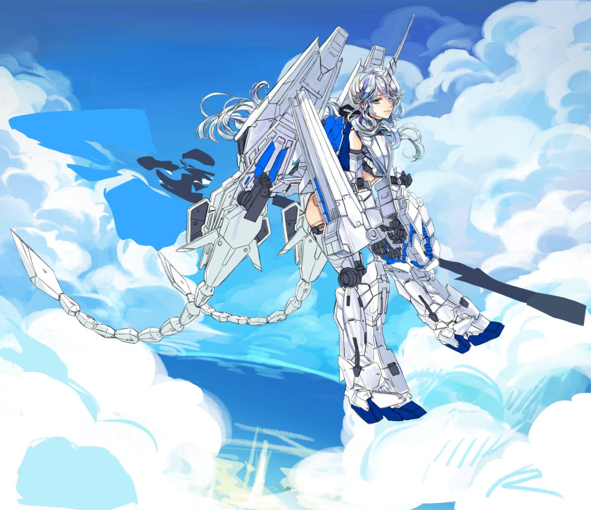 1girl, blue_eyes, clouds, floating_hair, flying, greatwhite1122, gundam, gundam_unicorn