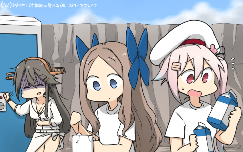 3girls, alternate_costume, asakaze_(kantai_collection), bangs, beret, blue_eyes, blue_hair, blue_sky