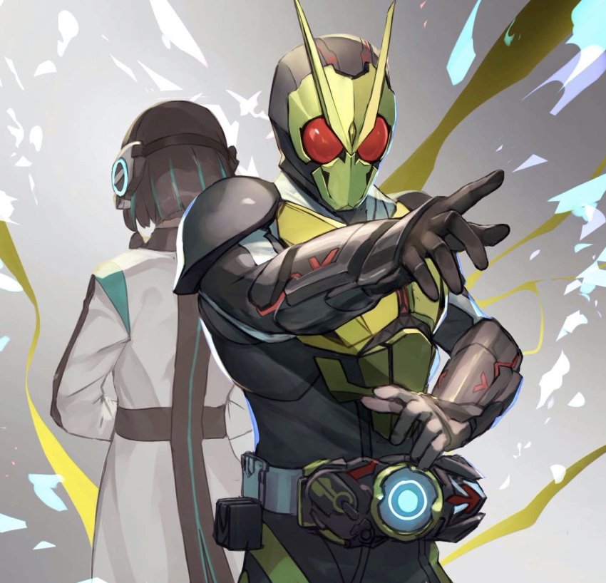 1boy, 1girl, armor, belt, black_hair, highres, humagear_headphones, is_(kamen_rider_01)