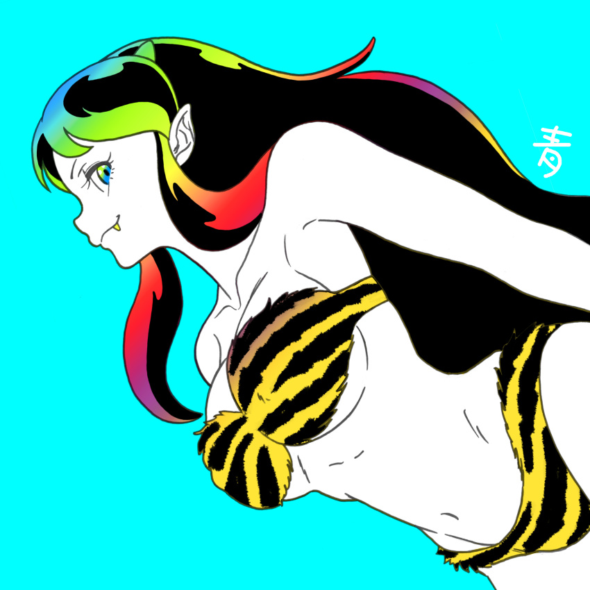 1girl, absurdres, alien, animal_print, aobito_sukayaka_bystander, black_hair, blue_eyes, breasts