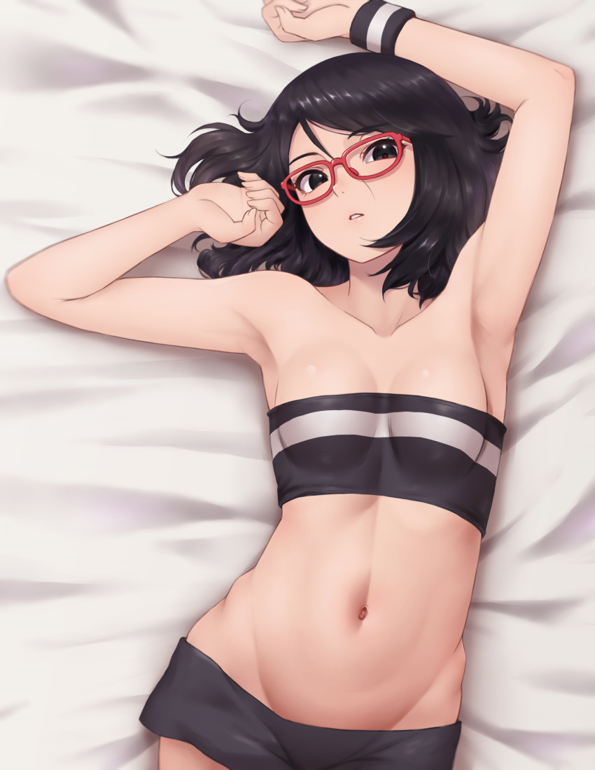 1girl, absurdres, alternate_costume, arm_over_head, arm_up, armpits, bandeau, bangs