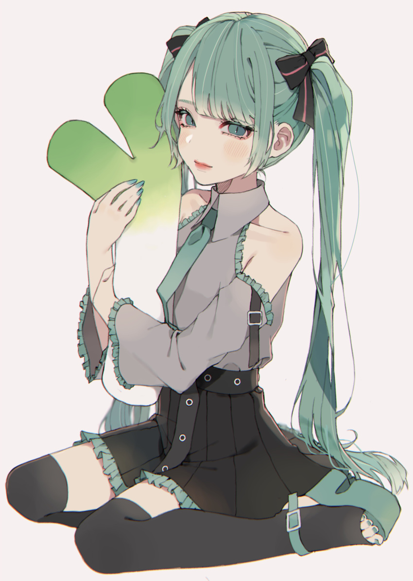 1girl, absurdres, bangs, black_bow, black_skirt, blue_eyes, blue_hair, blue_nails
