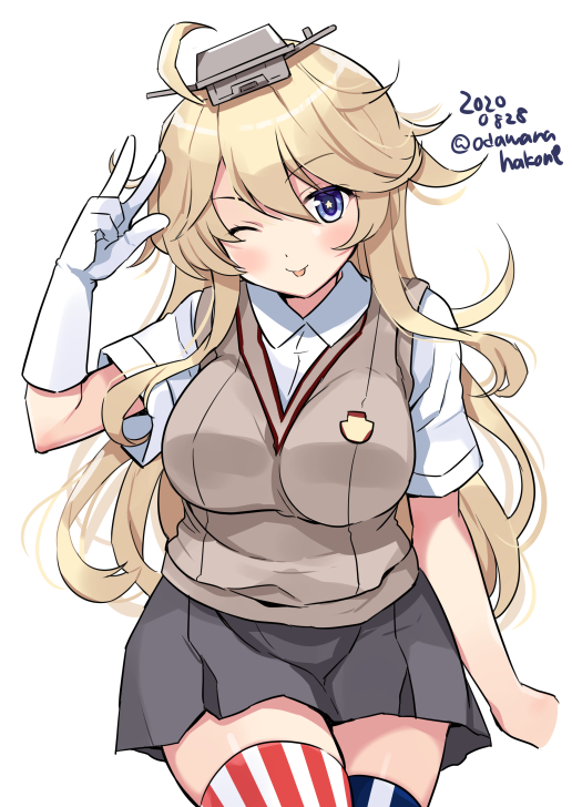 1girl, american_flag_legwear, bangs, black_skirt, blonde_hair, blue_eyes, blush, breasts
