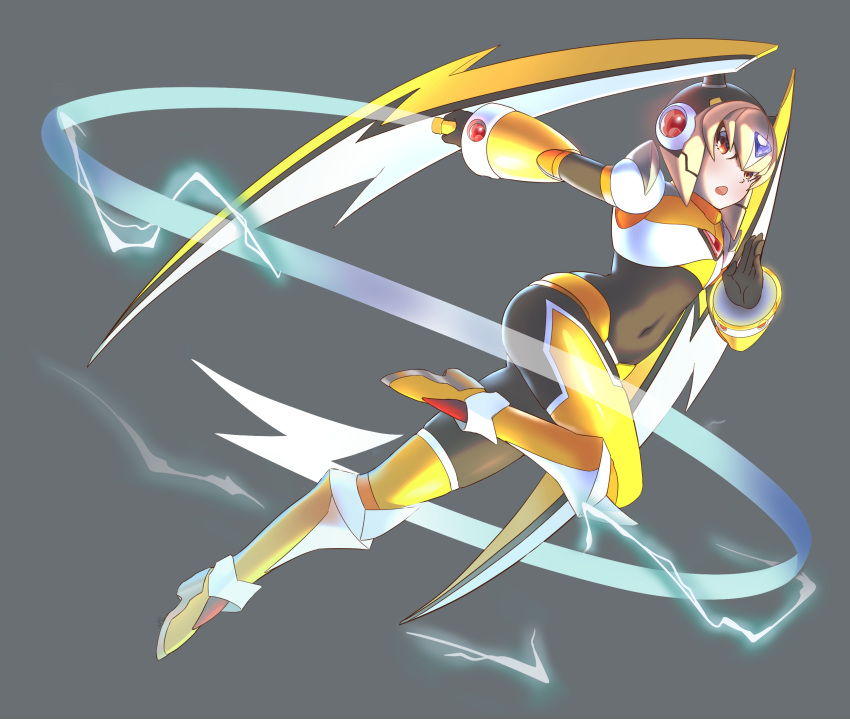 1girl, android, brown_eyes, chest_jewel, covered_navel, electricity, energy_whip, full_body