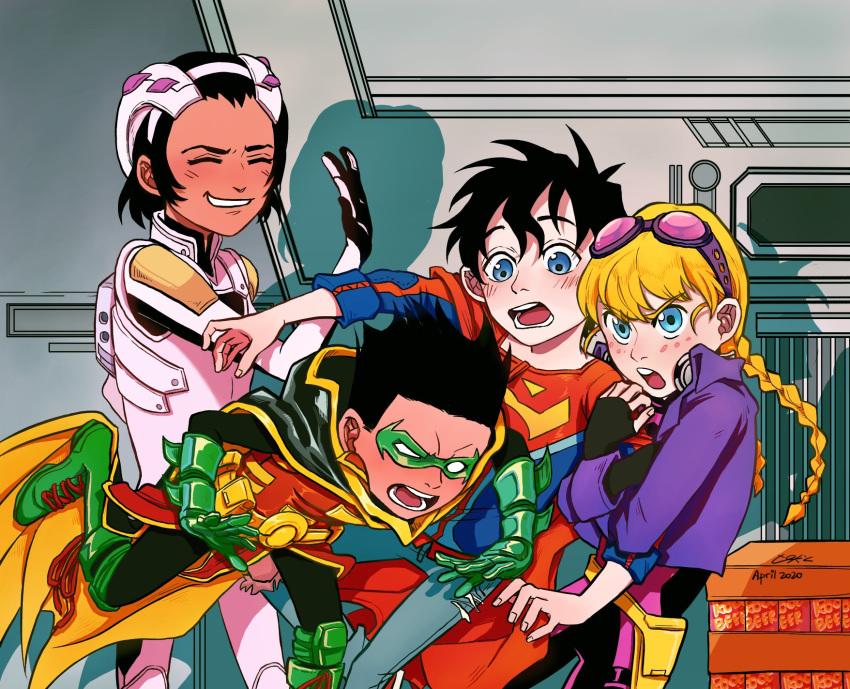 2boys, 2girls, artist_request, black_hair, blonde_hair, blue_eyes, cape, child