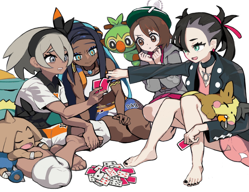 4girls, aqua_eyes, aqua_hair, armlet, asymmetrical_bangs, bangs, barefoot, belly_chain