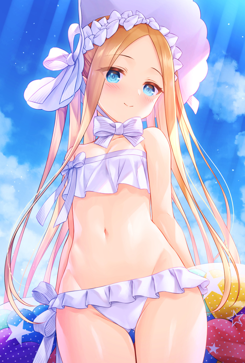 1girl, abigail_williams_(fate/grand_order), abigail_williams_(swimsuit_foreigner)_(fate), bangs, bare_shoulders, bikini, blonde_hair, blue_eyes