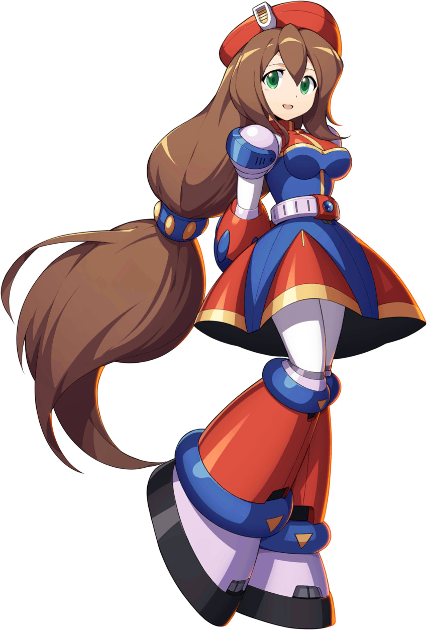 1girl, android, arms_behind_back, beret, breasts, brown_hair, capcom, full_body