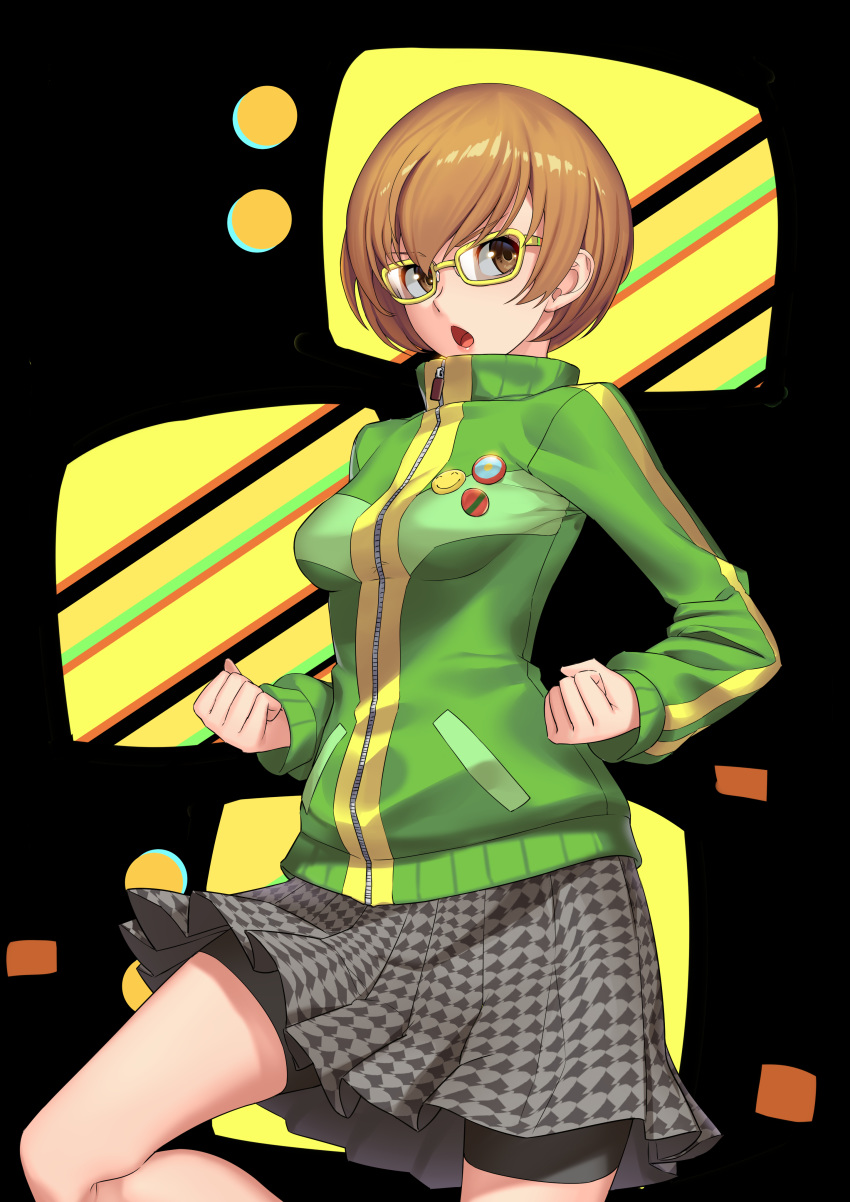 1girl, absurdres, bike_shorts, black_background, black_shorts, bob_cut, breasts, brown_eyes