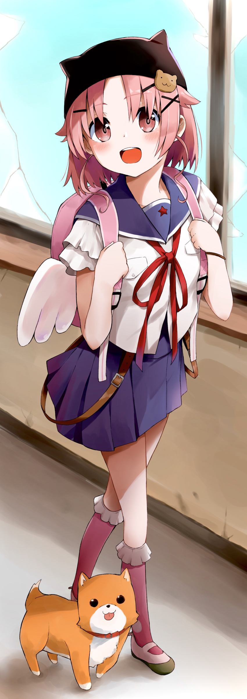 1girl, :d, absurdres, animal_ears, backpack, bag, bangs, black_headwear, blue_sailor_collar, blue_skirt, collared_shirt, dog, dress_shirt, fake_animal_ears, frilled_legwear, full_body, gakkou_gurashi!, hair_ornament, hairclip, hat, highres, indoors, kneehighs, looking_at_viewer, marie_(pixiv31942978), miniskirt, neck_ribbon, open_mouth, pink_hair, pink_legwear, pleated_skirt, red_eyes, red_ribbon, ribbon, sailor_collar, sailor_shirt, shirt, short_hair, short_sleeves, skirt, smile, solo, takeya_yuki, taroumaru_(gakkou_gurashi), walking, white_shirt, white_wings, wings, x_hair_ornament