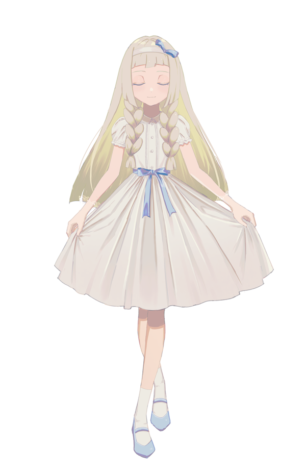 1girl, ak1, bangs, blue_legwear, blue_ribbon, blunt_bangs, closed_eyes, closed_mouth, dress, facing_viewer, floating_hair, full_body, hair_ribbon, hairband, hime_cut, lillie_(pokemon), long_hair, medium_dress, pleated_dress, pokemon, pokemon_(game), pokemon_sm, pumps, ribbon, short_sleeves, silver_hair, simple_background, skirt_hold, smile, socks, solo, standing, very_long_hair, white_background, white_dress, white_hairband, white_legwear