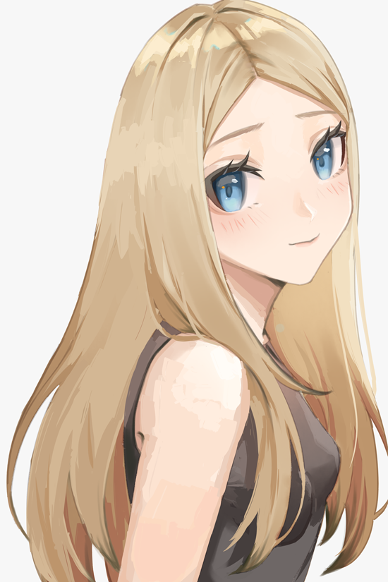 1girl, ak1, bangs, black_shirt, blonde_hair, blue_eyes, breasts, closed_mouth