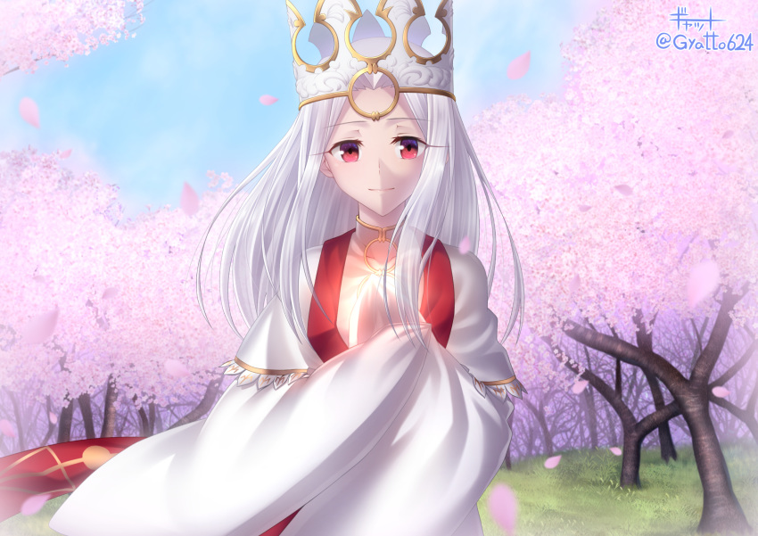 1girl, blue_sky, cherry_blossoms, closed_mouth, collarbone, cosplay, crown, day