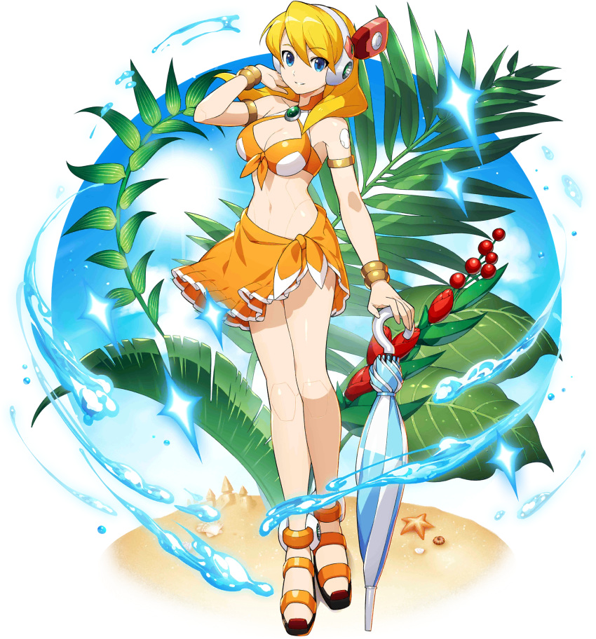 1girl, alia_(mega_man), alia_(rockman), android, bangs, beach, bikini, blonde_hair