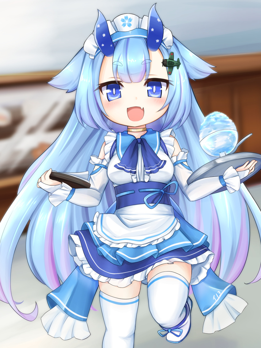 1girl, :d, absurdres, airplane_hair_ornament, alternate_costume, apron, azur_lane, bangs