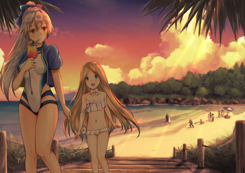 3boys, 6+girls, abigail_williams_(fate/grand_order), abigail_williams_(swimsuit_foreigner)_(fate), anatamo, archer, bare_shoulders, beach