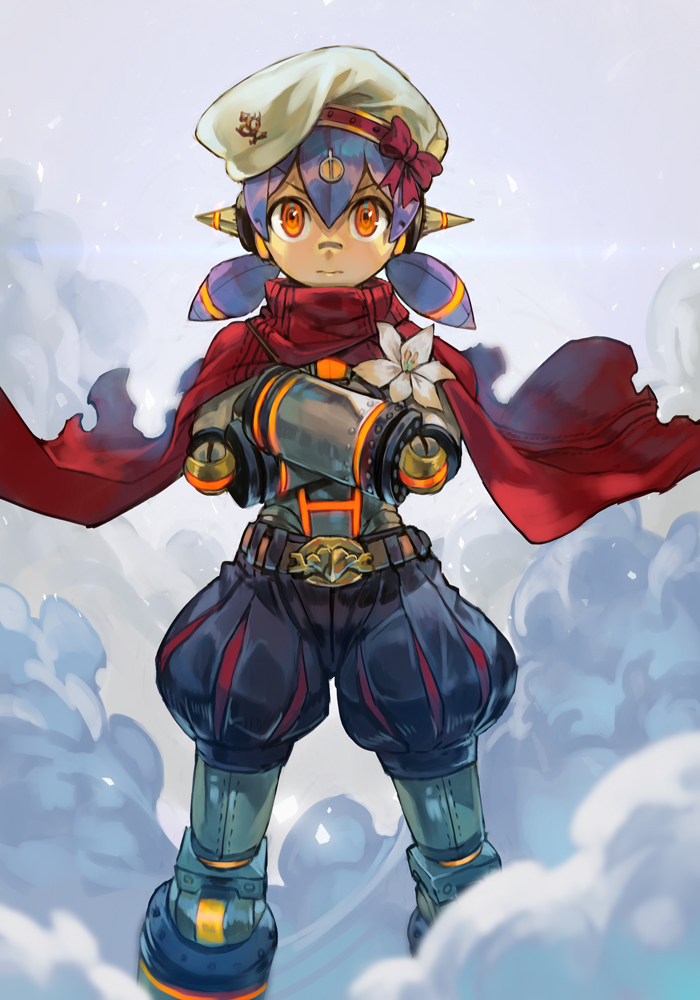 1girl, android, belt, beret, blue_hair, cape, closed_mouth, crossed_arms