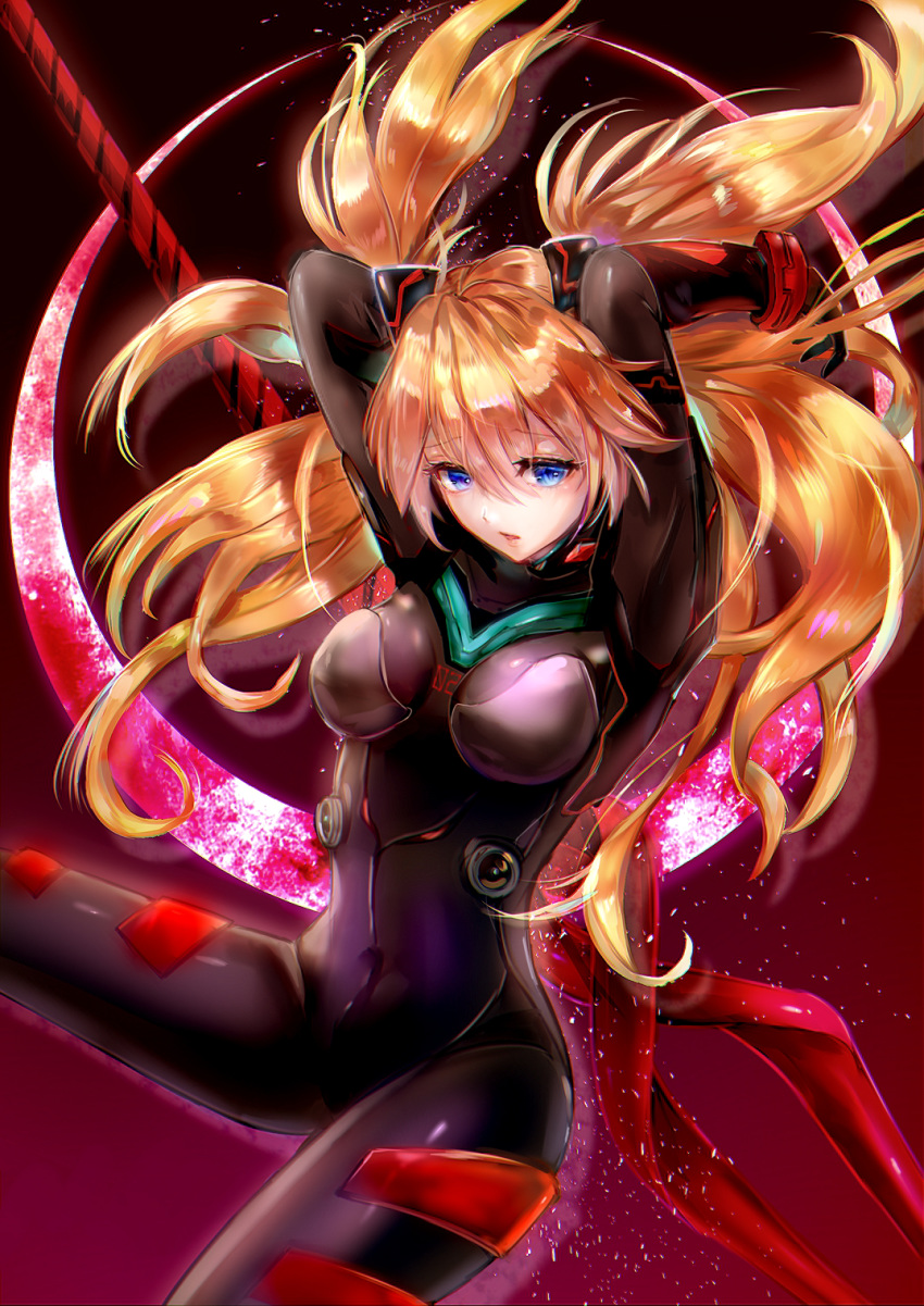 1girl, arms_behind_head, arms_up, bangs, black_bodysuit, blue_eyes, bodysuit, breasts