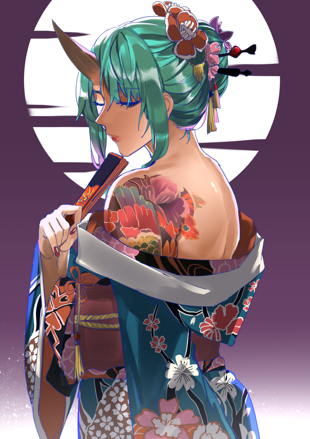 1girl, alternate_hairstyle, arknights, bangs, bare_shoulders, commentary, eyebrows_visible_through_hair, fan