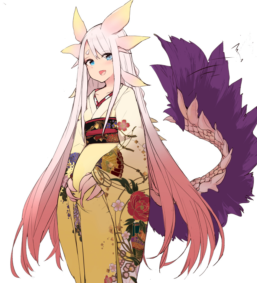 1girl, absurdres, blue_eyes, blush, breasts, claws, collarbone, dragon_girl, gradient_hair, hands_on_stomach, highres, holding_stomach, horns, humanization, japanese_clothes, kimono, long_hair, long_sleeves, looking_at_viewer, miao_yao_cha, mizutsune, monster_girl, monster_hunter, multicolored_hair, obi, open_mouth, patterned_clothing, pink_hair, pregnant, sash, short_eyebrows, small_breasts, smile, solo, tail, tail_wagging, thick_eyebrows, very_long_hair, wide_sleeves, yellow_kimono