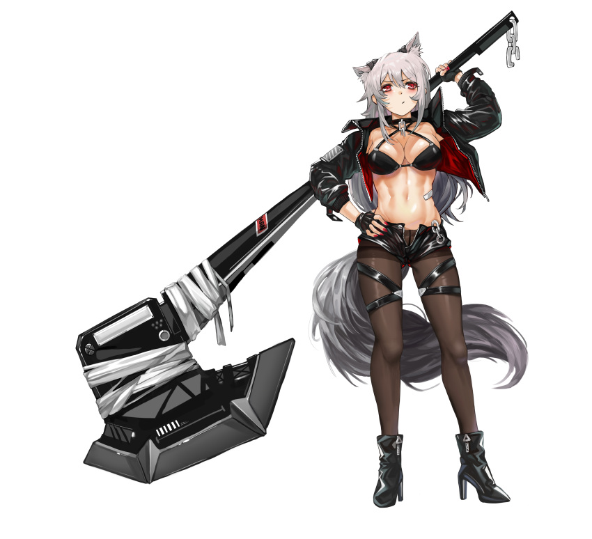 1girl, absurdres, animal_ear_fluff, animal_ears, arm_up, axe, bandages, bandaid