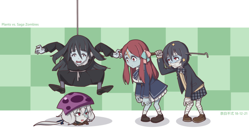 4girls, bandages, black_footwear, black_hair, bow, breasts, brown_hair, buernia