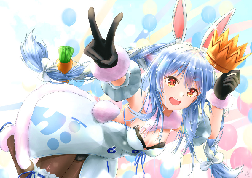 1girl, absurdres, animal_ears, bangs, black_gloves, black_leotard, blue_hair, braid