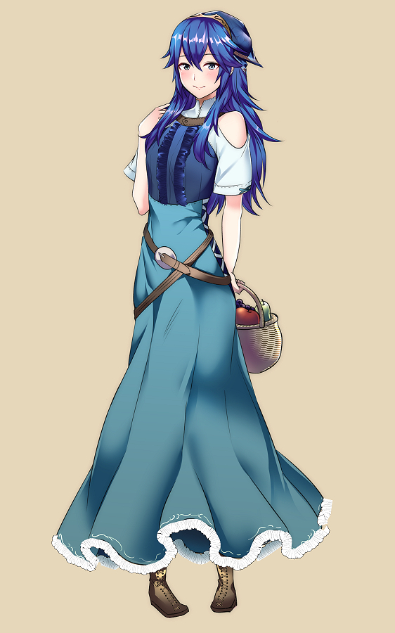 ameno_(a_meno0), blue_dress, blue_eyes, blue_hair, blue_headwear, dress, fire_emblem, fire_emblem_awakening, fruit_basket, full_body, long_skirt, lucina, lucina_(fire_emblem), off_shoulder, simple_background, skirt, tiara