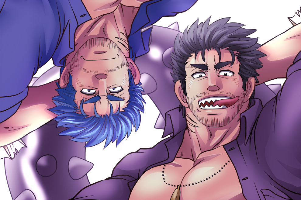 2boys, bara, black_eyes, black_hair, blue_hair, chest, close-up, dagon_(tokyo_houkago_summoners)