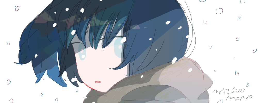 1girl, bangs, blue_eyes, blue_hair, bob_cut, close-up, dark_blue_hair, expressionless, face, floating_hair, from_side, hair_between_eyes, light_blue_eyes, looking_at_viewer, looking_to_the_side, matsuo_mono, no_nose, original, outdoors, parted_lips, portrait, short_hair, signature, snowing, solo, white_background, wind