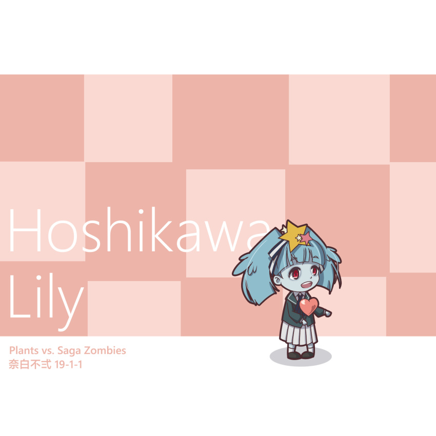 :d, aqua_hair, black_footwear, blue_hair, buernia, character_name, checkered, checkered_background, english_commentary, eyebrows_visible_through_hair, hair_ornament, hair_ribbon, highres, hoshikawa_lily, imp_(pvz), long_hair, open_mouth, parody, pink_background, plants_vs_zombies, red_eyes, ribbon, simple_background, smile, socks, star_(symbol), star_hair_ornament, twintails, white_background, white_legwear, zombie, zombie_land_saga