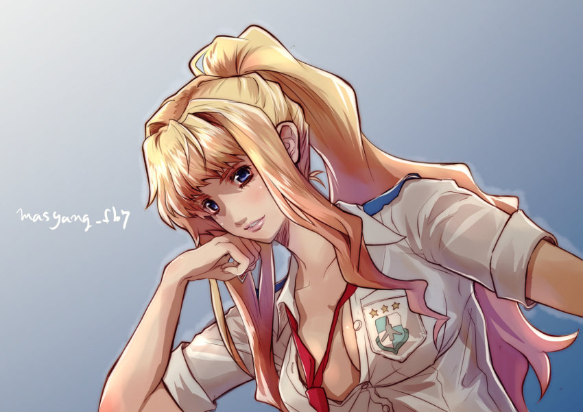 1girl, blonde_hair, blue_eyes, breasts, close-up, cosplay, gradient, gradient_background
