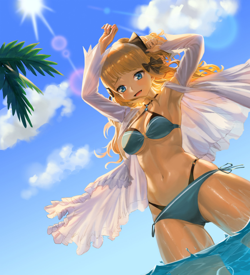 1girl, bangs, bikini, black_bow, blonde_hair, blue_eyes, blush, bow