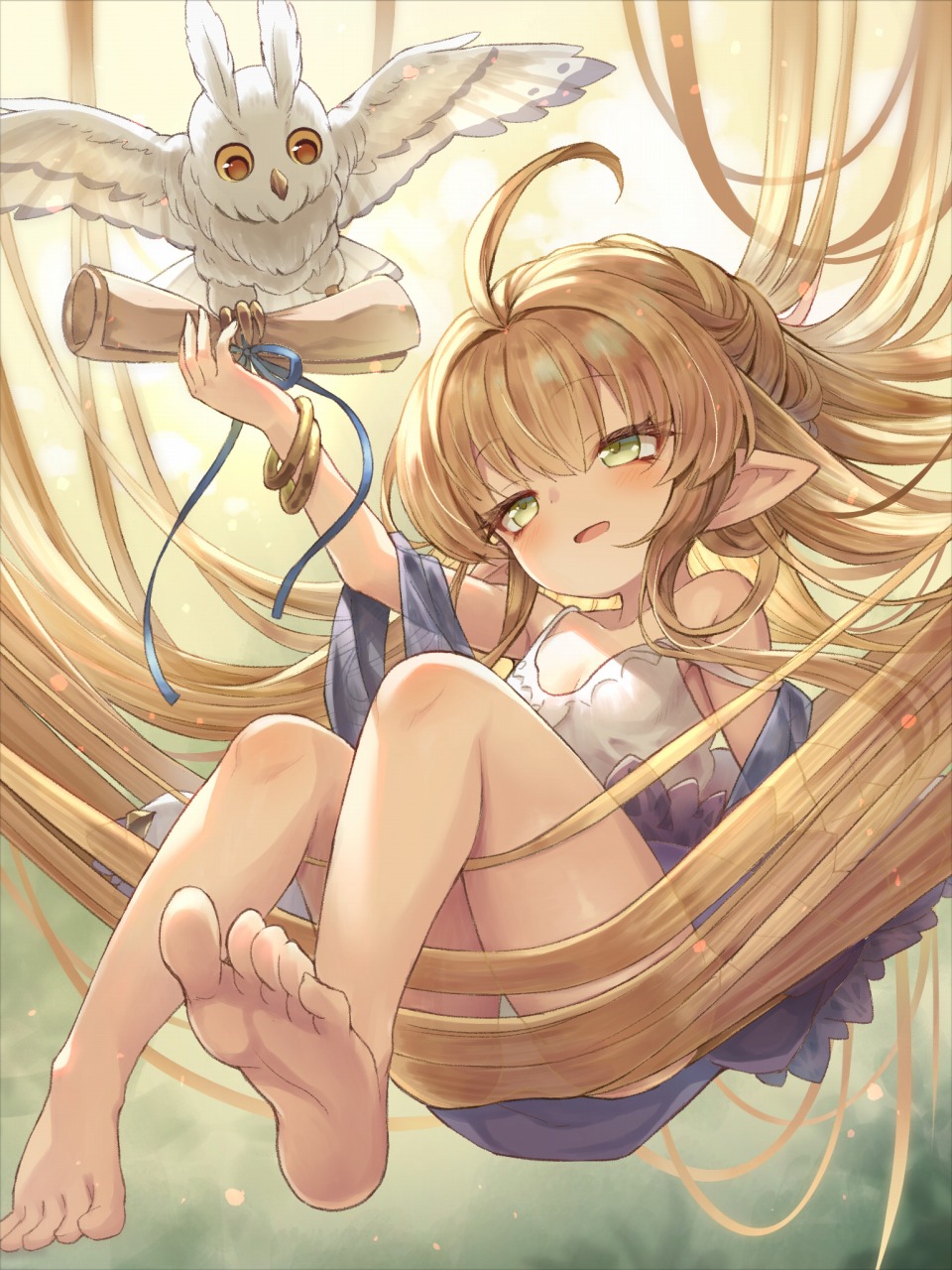 1girl, absurdly_long_hair, ahoge, barefoot, bird, blonde_hair, bracelet, dress
