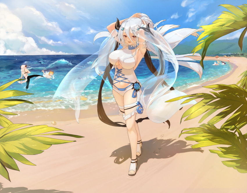 aliza_(granblue_fantasy), armpits, arms_up, beach, breasts, brown_eyes, draph, granblue_fantasy, highres, horns, izmir, kou_(granblue_fantasy), large_breasts, navel, ocean, palm_tree, ponytail, sa_(sam-ya), sandals, seashell, shawl, shell, silver_hair, smile, socie_(granblue_fantasy), stan_(grandblue_fantasy), swimsuit, tree, yuel_(granblue_fantasy)