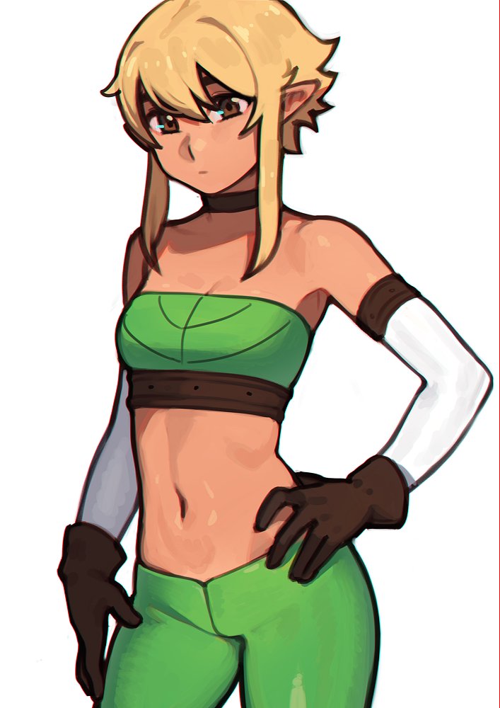 1girl, bandeau, bangs, blonde_hair, breasts, brown_eyes, brown_gloves, choker, cowboy_shot, elf, gloves, green_bandeau, green_pants, hand_on_hip, looking_at_viewer, navel, nil_sunna, original, pants, pointy_ears, short_hair_with_long_locks, simple_background, small_breasts, solo, sunna_(nilsunna), white_background