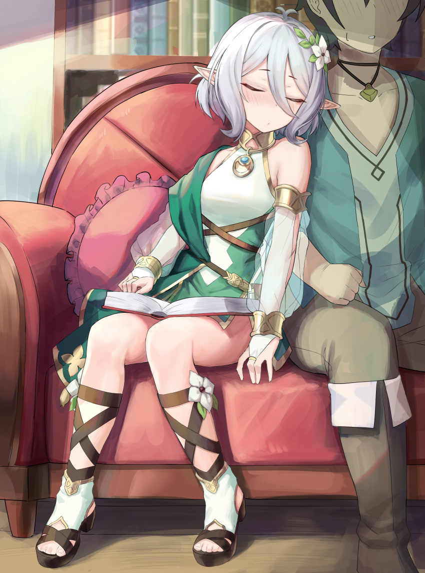 1boy, 1girl, absurdres, antenna_hair, bare_legs, bookshelf, boots, bridal_gauntlets, closed_eyes, couch, detached_sleeves, dress, elf, flower, gladiator_shoes, green_dress, hair_between_eyes, hair_flower, hair_ornament, highres, indoors, kokkoro_(princess_connect!), long_sleeves, mochirong, open_toe_shoes, pointy_ears, princess_connect!, princess_connect!_re:dive, puffy_long_sleeves, puffy_sleeves, sandals, see-through_sleeves, silver_hair, sleeping, sleeping_on_person, sleeping_upright, sleeveless, sleeveless_dress, sweatdrop, white_flower, yuuki_(princess_connect!)