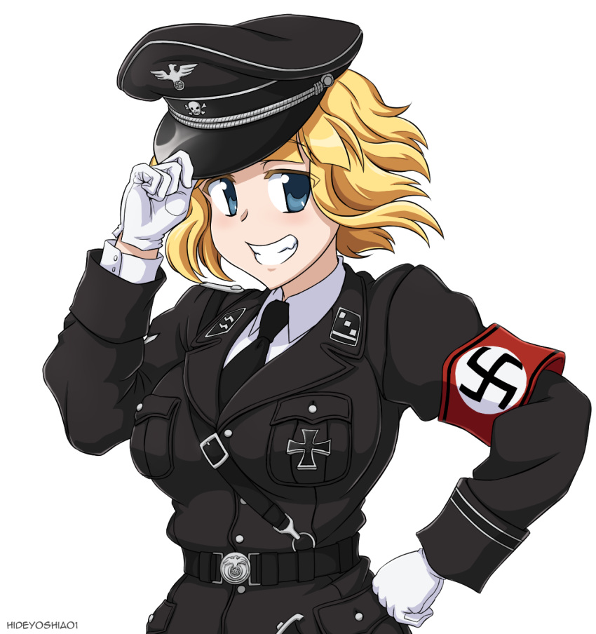 1girl, black_gloves, blonde_hair, blue_eyes, gloves, hat, hideyoshiao1, highres