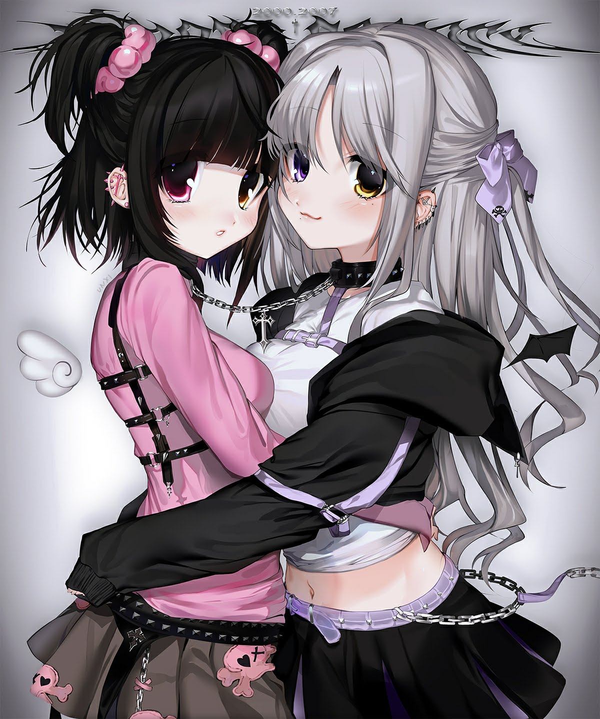 2girls, asymmetrical_docking, bad_id, bad_twitter_id, belt, black_hair, breast_press, breasts