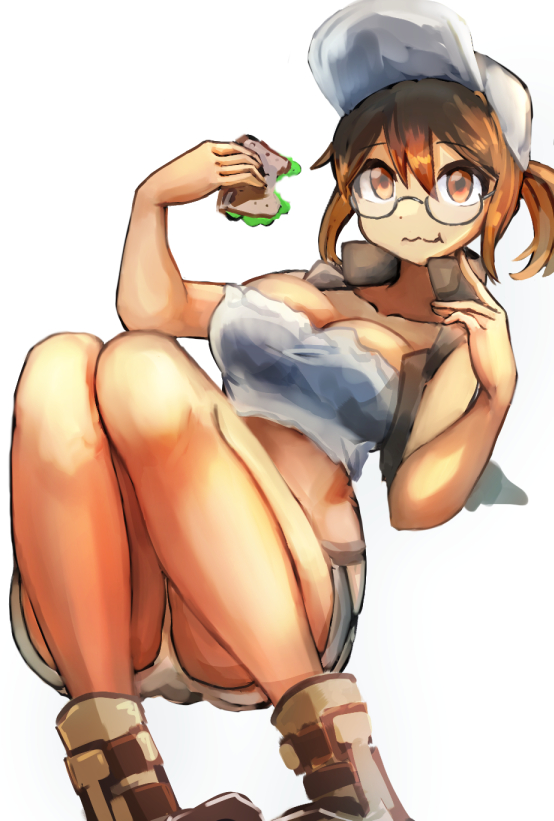 1girl, baseball_cap, boots, breasts, brown_eyes, brown_footwear, brown_hair, crop_top